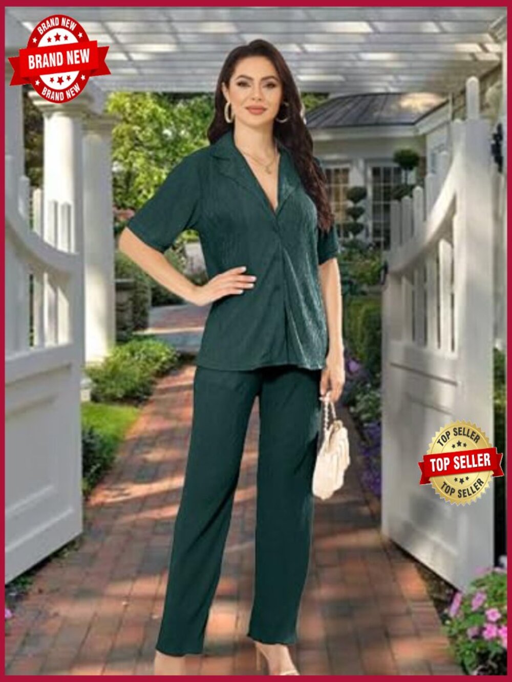 90s Boho 2 Piece Wide Leg Pants Set Button Down Shirt Tracksuit Trendy Daily - Picture 2 of 7